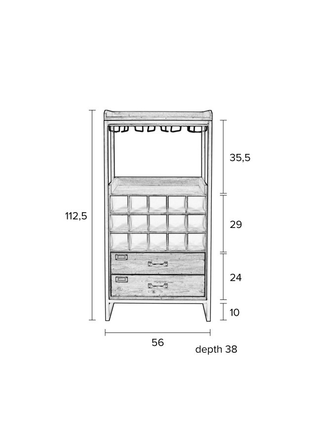 WHITE LABEL LIVING Edgar barskap, m. 2 skuffer - brunt grantre og jern