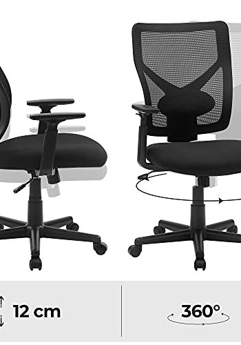SONGMICS kontorstol, svingbar, vippefunksjon, justerbar korsryggsttte, armlener - mesh og svart polyester
