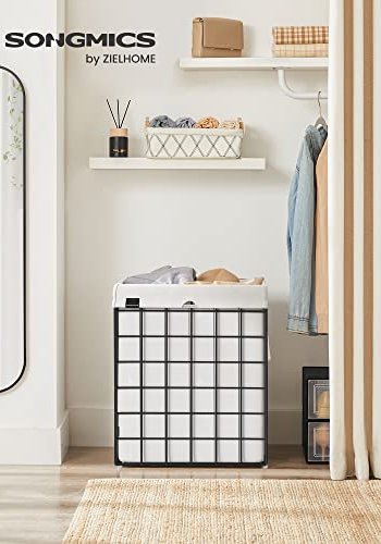 SONGMICS skittentyskurv, sammenleggbar, med avtagbar vaskbar pose - hvitt stoff og svart stl