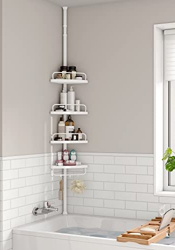 SONGMICS hjrnehylle for dusjkabinett, teleskopisk, m. 4 brett, 3 kroker - hvit plast og stl