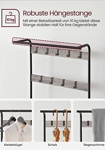 VASAGLE Flurregal, mit 9 Haken, 1 Kleiderstange, 3 Ablagen – graue Spanplatte und schwarzer Stahl