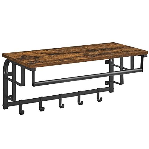 VASAGLE Hutablage, mit 5 Haken und 1 Kleiderstange – braune Spanplatte und schwarzer Stahl