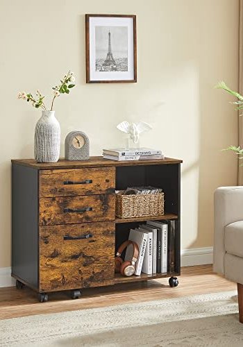 VASAGLE arkivskap, m. 3 skuffer, 1 hylle og hjul - rustikk brun og sort sponplate