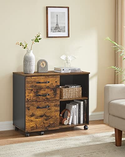 VASAGLE arkivskap, m. 3 skuffer, 1 hylle og hjul - rustikk brun og sort sponplate