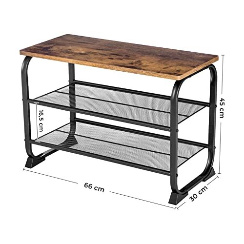 VASAGLE inngangsbenk, m. 2 mesh hyller for sko - rustikk brun sponplate og svart stl (66x30)