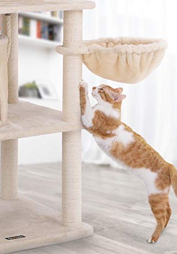 FEANDREA skrapestolpe, 5 niver, 2 plattformer, 2 huler, 2 pom-poms, 1 kurv - beige plysj