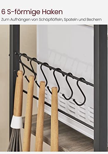 VASAGLE kjkkenhylle, m. 6 S-kroker, trdkurv og 6 hyller - greige sponplater og sort stl