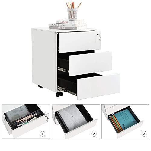 Songmics arkivskap, lsbart, m. 3 skuffer og hjul - hvitt stl