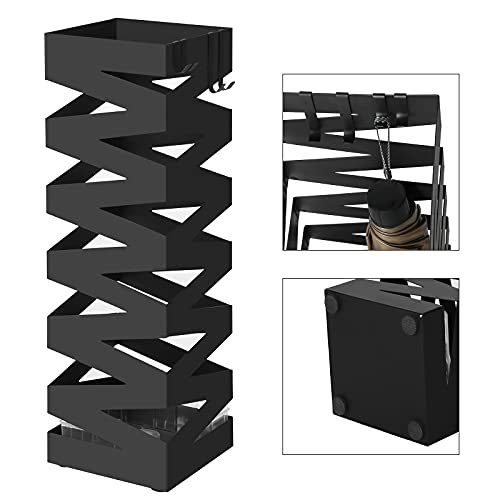 SONGMICS paraplyholder, firkantet, med kroker og dryppbrett - svart metall