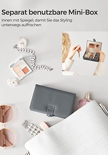 SONGMICS smykkeskrin, lsbar, m. 3 lag, reiseveske, 2 skuffer, speil - gr PU