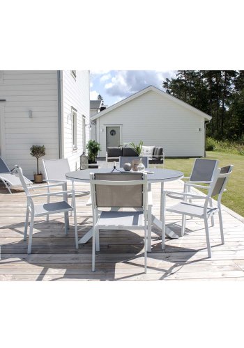 VENTURE DESIGN rundt Copacabana hagebord - grtt glass og hvit aluminium (140)