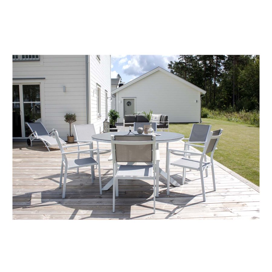 VENTURE DESIGN rundt Copacabana hagebord - grtt glass og hvit aluminium (140)