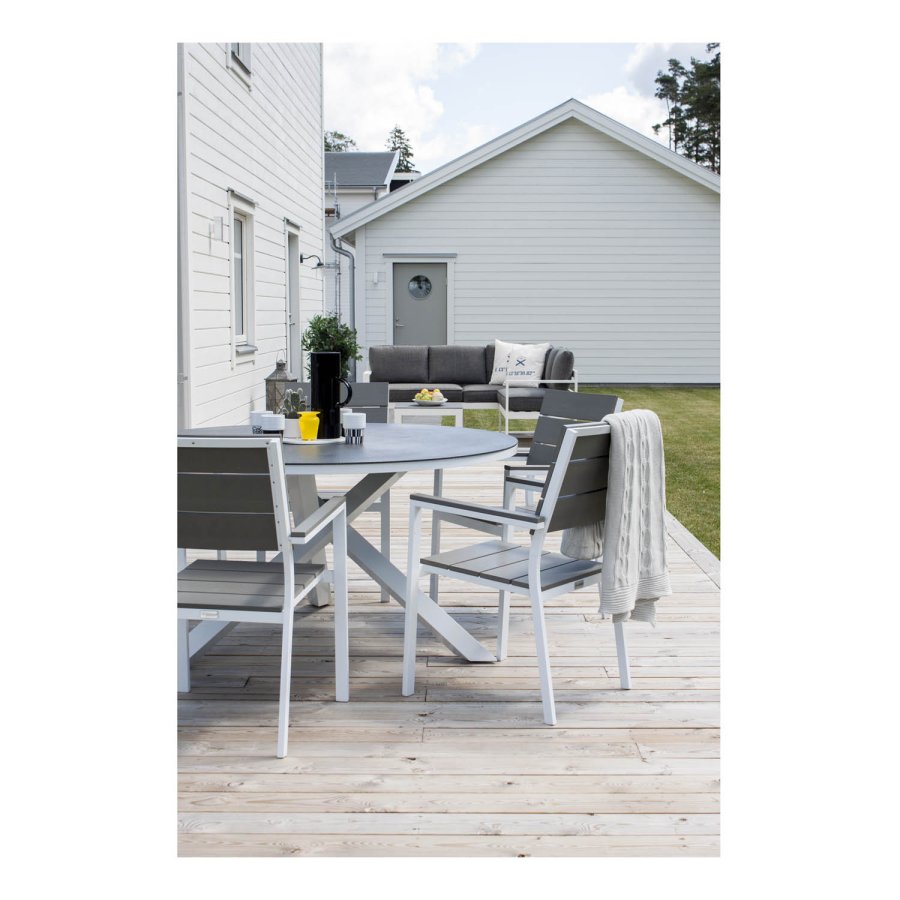 VENTURE DESIGN rundt Copacabana hagebord - grtt glass og hvit aluminium (140)