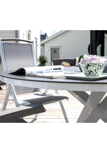 VENTURE DESIGN rundt Copacabana hagebord - grtt glass og hvit aluminium (140)