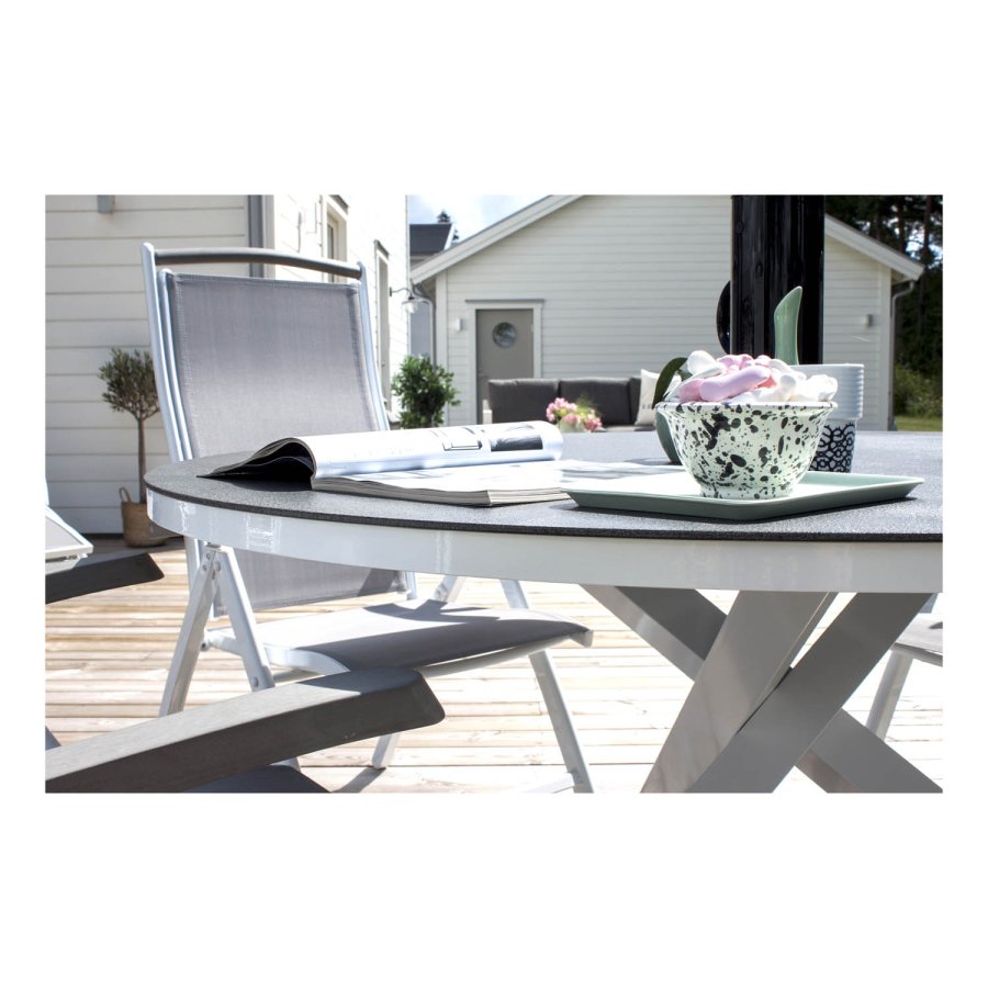 VENTURE DESIGN rundt Copacabana hagebord - grtt glass og hvit aluminium (140)