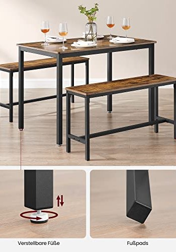 VASAGLE spisebord med 2 benker - rustikk brun sponplate og sort stl