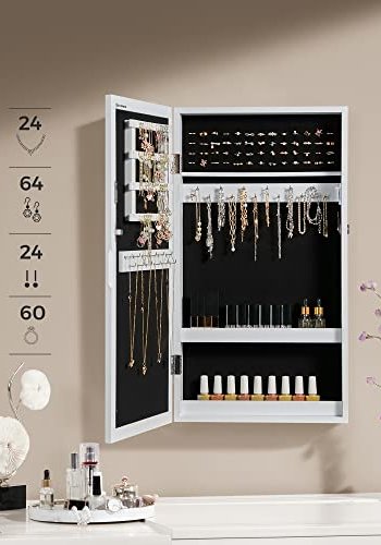 SONGMICS smykkeskap for vegg, lsbart, med speil - speilglass og hvit MDF