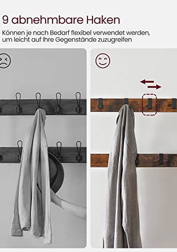 VASAGLE inngangsarrangement, m. 9 kroker, 1 hengestang, 1 sete, 2 hyller - brun sponplate og sort stl