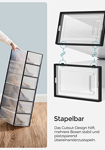 SONGMICS skostativ, stabelbar, sammenleggbar, opp til UK strrelse 10,5, m. 18 bokser - klar og sort plast