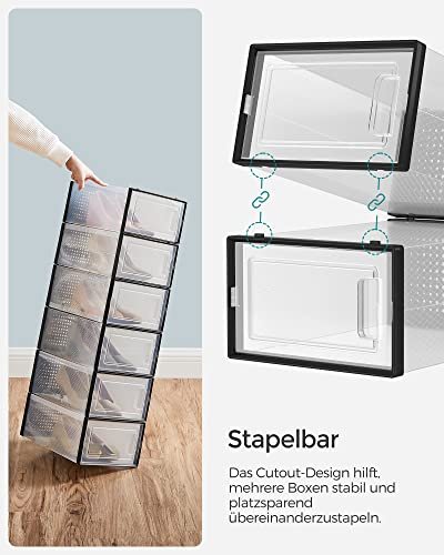 SONGMICS skostativ, stabelbar, sammenleggbar, opp til UK strrelse 10,5, m. 18 bokser - klar og sort plast