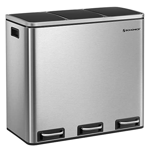 SONGMICS avfallsbeholder, 3-roms, pedal, med mykt lukket lokk, innvendig plastbeholder, hndtak - slvstl