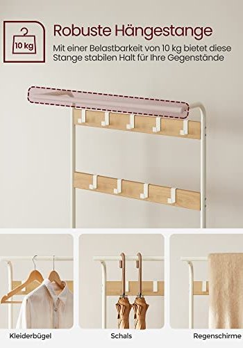 VASAGLE Flurregal, mit 9 Haken, 1 Kleiderstange, 3 Ablagen – natürliche Spanplatte und cremefarbener Stahl
