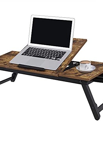 SONGMICS Brbart skrivebord ved sengen, justerbar vippetopp, sammenleggbare ben, skuff - mrk brun bambus