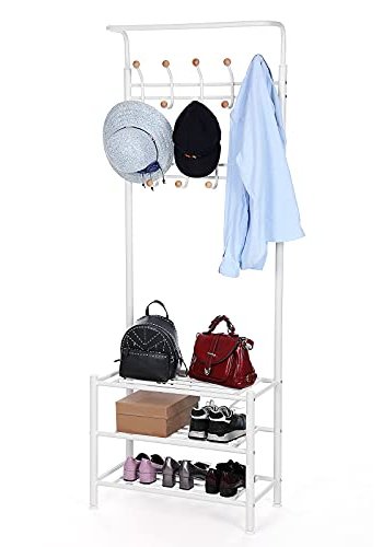 SONGMICS inngangsparti, med kroker og 3 hyller - hvitt stl
