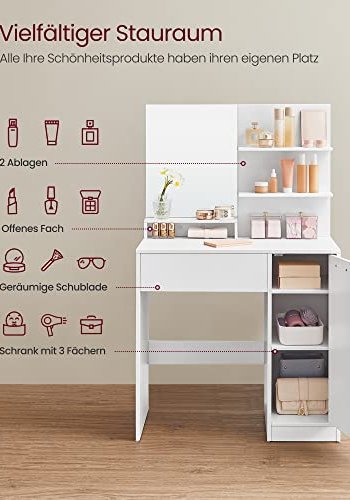 VASAGLE sminkebord, m. speil, 1 skuff, 4 hyller, 1 skapspeilglass og hvit sponplate (80x40)