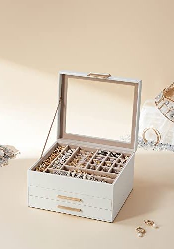 SONGMICS smykkeskrin, 3-lags, med glasslokk og 2 skuffer - gull og hvitt kunstskinn