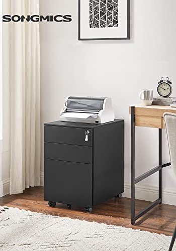 SONGMICS mobilt arkivskap, m. 3 skuffer, lsbar stlsokkel, hengeskinner, hjul - sort stl