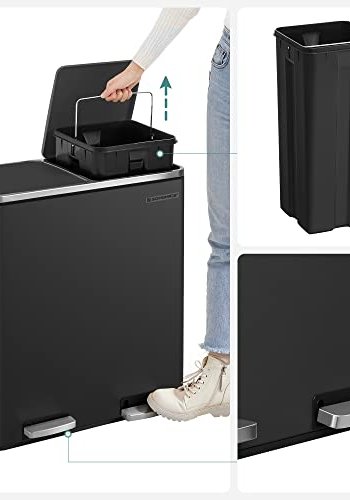SONGMICS avfallsbeholder, lufttett, m. 2 rom, pedal, innvendige plastbtter, lokk, hndtak - svart metall