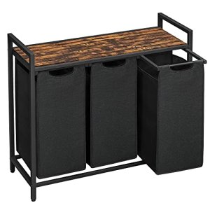 VASAGLE vasketjskurv, m. 3 udtrkkelige aftagelige vasketjsposer, 1 hylde - sort stof og sort stl