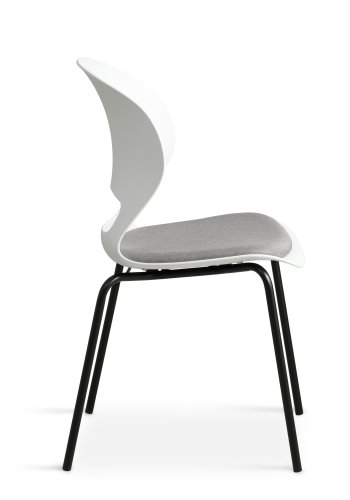 Linea spisebordsstol, med gr stoffpute - hvit PVC og sort metall