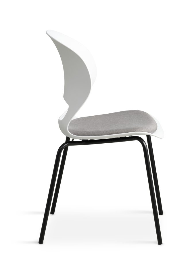 Linea spisebordsstol, med gr stoffpute - hvit PVC og sort metall