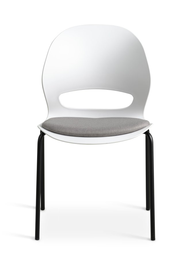 Linea spisebordsstol, med gr stoffpute - hvit PVC og sort metall