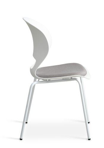 Linea spisebordsstol, med gr stoffpute - hvit PVC og hvitt metall