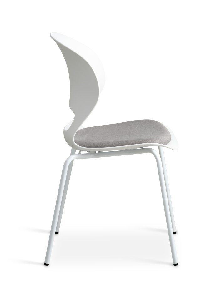 Linea spisebordsstol, med gr stoffpute - hvit PVC og hvitt metall