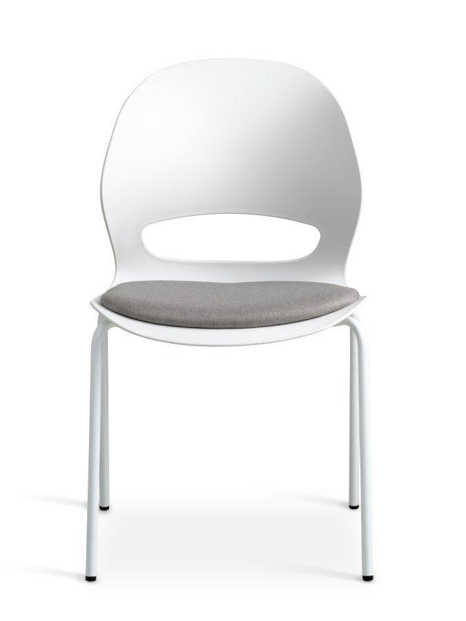 Linea spisebordsstol, med gr stoffpute - hvit PVC og hvitt metall