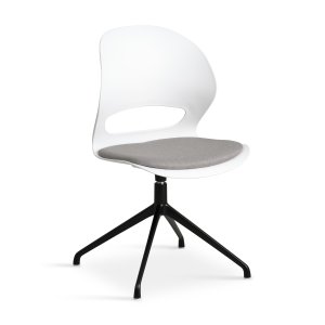 Linea spisebordsstol, m. drejefunktion og gr stofhynde - hvid PVC og sort metal