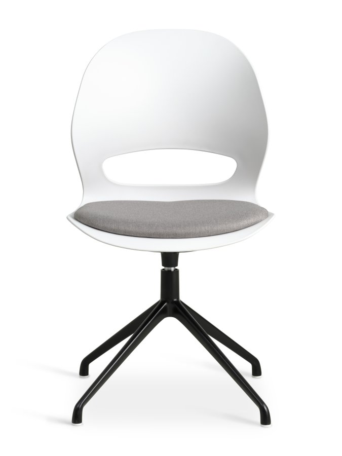 Linea spisebordsstol, med dreiefunksjon og gr stoffpute - hvit PVC og sort metall