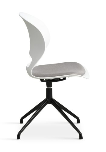 Linea spisebordsstol, med dreiefunksjon og gr stoffpute - hvit PVC og sort metall