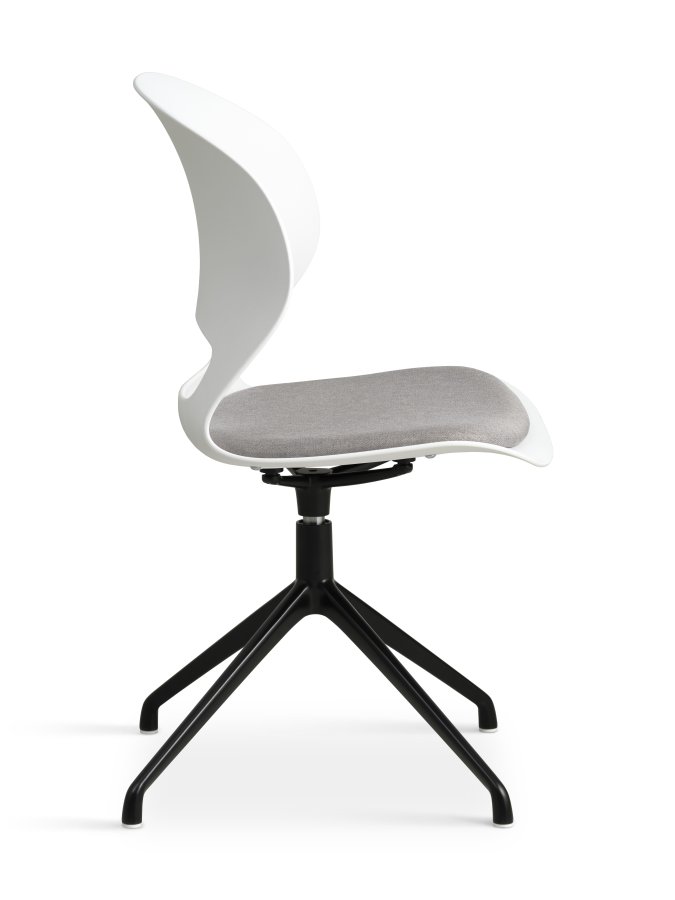 Linea spisebordsstol, med dreiefunksjon og gr stoffpute - hvit PVC og sort metall