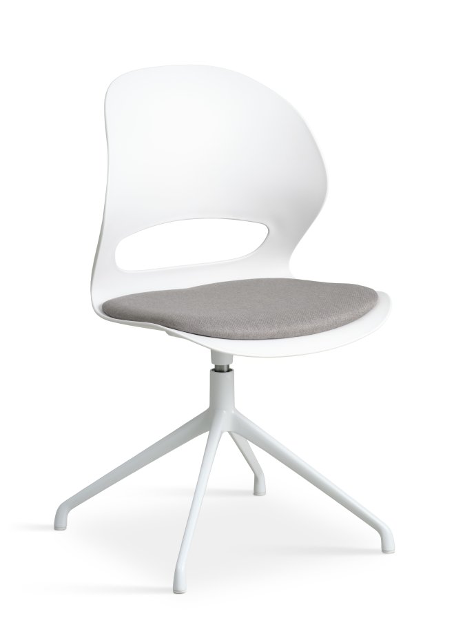 Linea spisebordsstol, med svingfunksjon og gr stoffpute - hvit PVC og hvitt metall