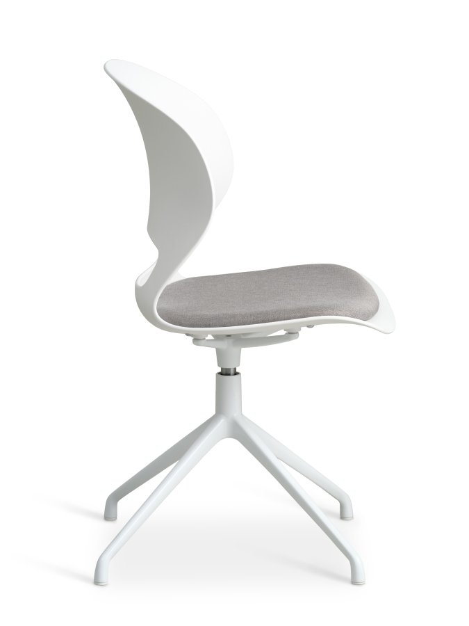 Linea spisebordsstol, med svingfunksjon og gr stoffpute - hvit PVC og hvitt metall