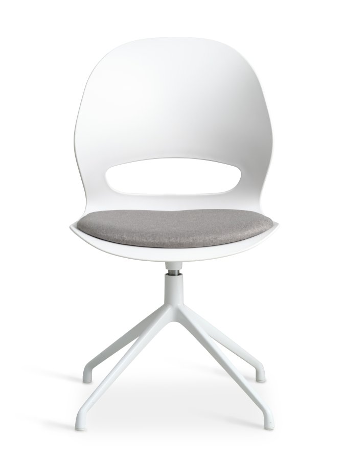 Linea spisebordsstol, med svingfunksjon og gr stoffpute - hvit PVC og hvitt metall