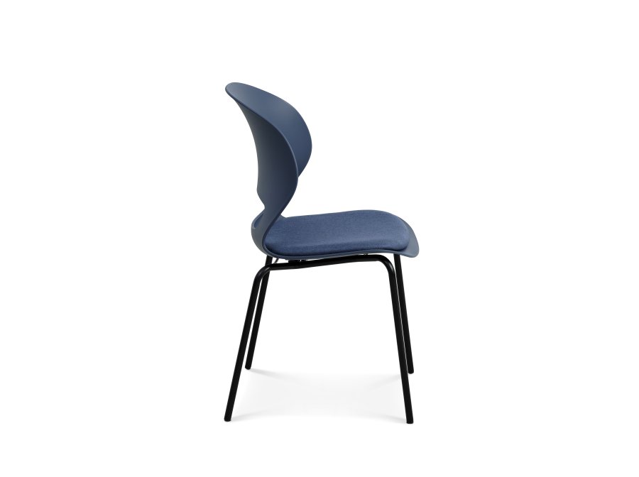 Esszimmerstuhl Linea, mit Kissen aus jeansblauem Stoff – jeansblaues PVC und schwarzes Metall