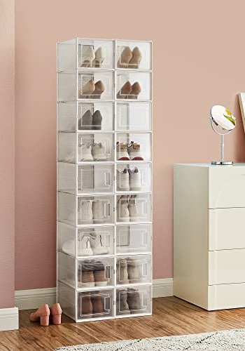 SONGMICS skoboks, stabelbar og sammenleggbar - hvit og klar polypropylen (sett med 18)