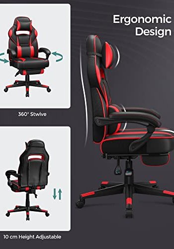 SONGMICS gaming stol, fotsttte, tilt funksjon, nakkesttte, korsryggsttte, armlener, hjul - svart/rd PU