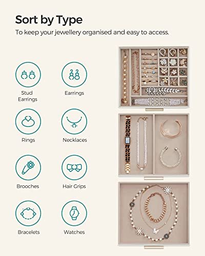 SONGMICS smykkeskrin, 3-lags, med glasslokk og 2 skuffer - gull og hvitt kunstskinn